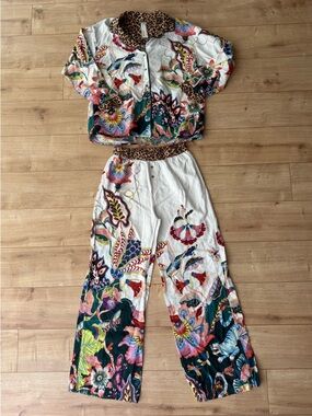 Anthro Sarah Gordon Pajama Set Leopard Trim Floral Print Lounge Set Boho XS